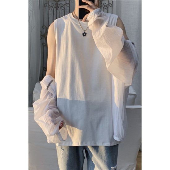 Summer White Crew Neck Sleeveless T-Shirt